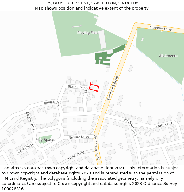 15, BLUSH CRESCENT, CARTERTON, OX18 1DA: Location map and indicative extent of plot