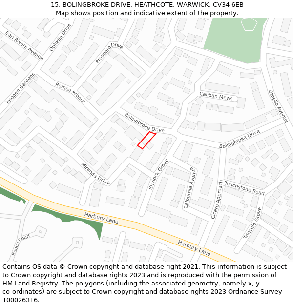 15, BOLINGBROKE DRIVE, HEATHCOTE, WARWICK, CV34 6EB: Location map and indicative extent of plot