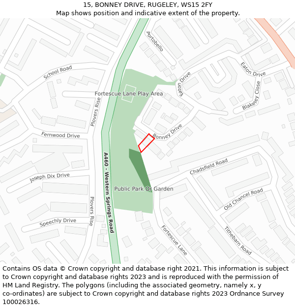 15, BONNEY DRIVE, RUGELEY, WS15 2FY: Location map and indicative extent of plot