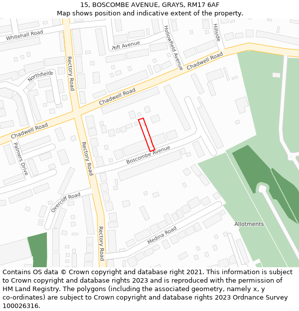 15, BOSCOMBE AVENUE, GRAYS, RM17 6AF: Location map and indicative extent of plot