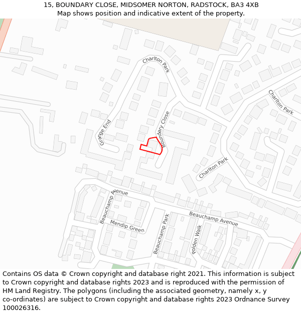 15, BOUNDARY CLOSE, MIDSOMER NORTON, RADSTOCK, BA3 4XB: Location map and indicative extent of plot