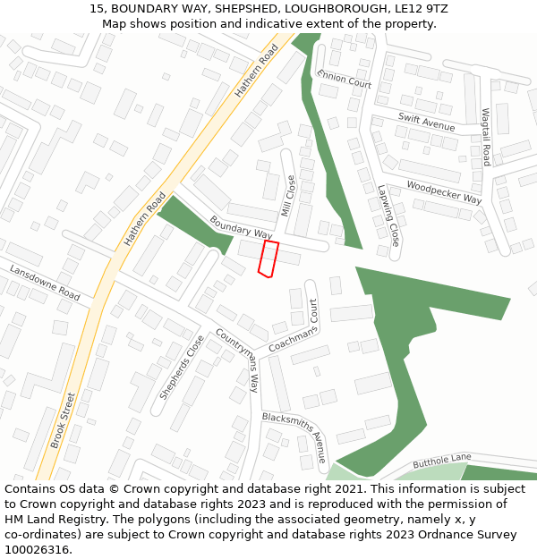 15, BOUNDARY WAY, SHEPSHED, LOUGHBOROUGH, LE12 9TZ: Location map and indicative extent of plot