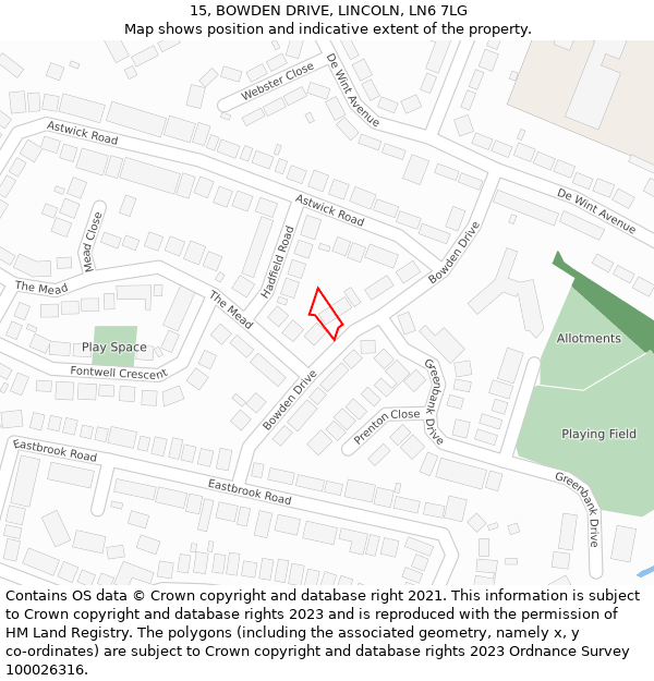 15, BOWDEN DRIVE, LINCOLN, LN6 7LG: Location map and indicative extent of plot