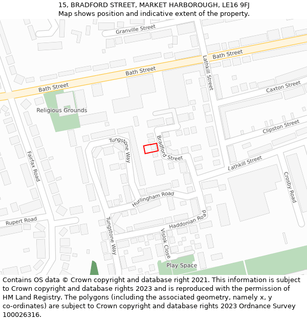 15, BRADFORD STREET, MARKET HARBOROUGH, LE16 9FJ: Location map and indicative extent of plot