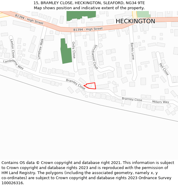 15, BRAMLEY CLOSE, HECKINGTON, SLEAFORD, NG34 9TE: Location map and indicative extent of plot