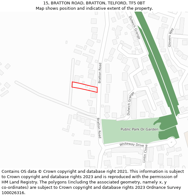 15, BRATTON ROAD, BRATTON, TELFORD, TF5 0BT: Location map and indicative extent of plot
