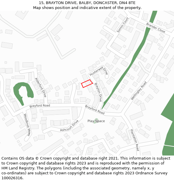 15, BRAYTON DRIVE, BALBY, DONCASTER, DN4 8TE: Location map and indicative extent of plot