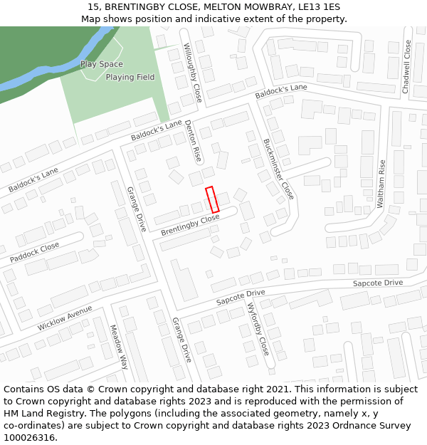 15, BRENTINGBY CLOSE, MELTON MOWBRAY, LE13 1ES: Location map and indicative extent of plot