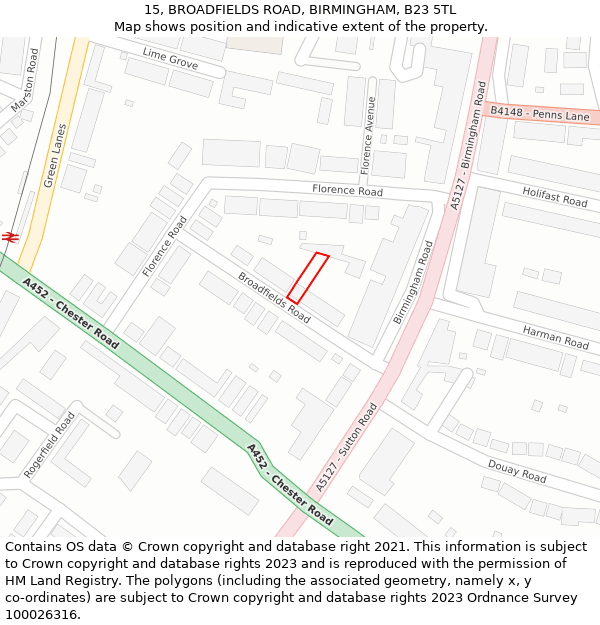 15, BROADFIELDS ROAD, BIRMINGHAM, B23 5TL: Location map and indicative extent of plot