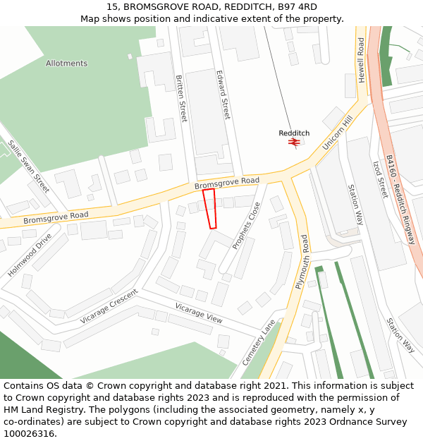 15, BROMSGROVE ROAD, REDDITCH, B97 4RD: Location map and indicative extent of plot