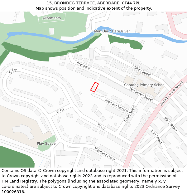 15, BRONDEG TERRACE, ABERDARE, CF44 7PL: Location map and indicative extent of plot