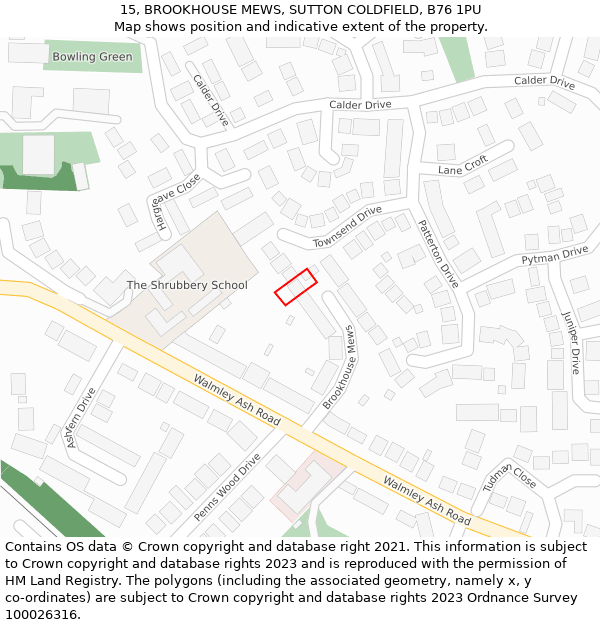 15, BROOKHOUSE MEWS, SUTTON COLDFIELD, B76 1PU: Location map and indicative extent of plot
