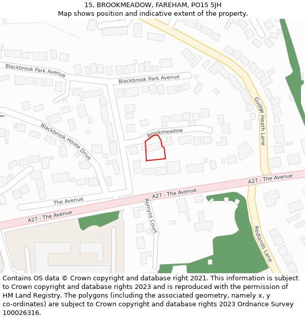 15, BROOKMEADOW, FAREHAM, PO15 5JH: Location map and indicative extent of plot