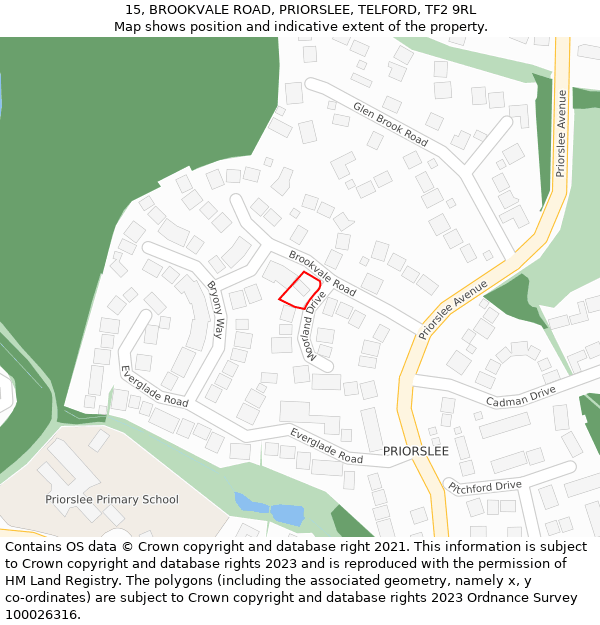 15, BROOKVALE ROAD, PRIORSLEE, TELFORD, TF2 9RL: Location map and indicative extent of plot