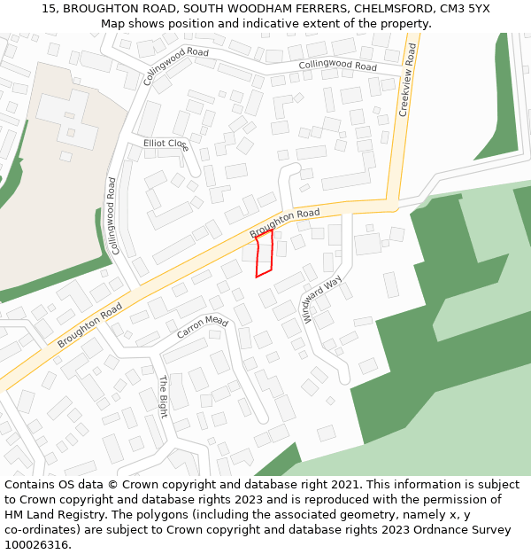 15, BROUGHTON ROAD, SOUTH WOODHAM FERRERS, CHELMSFORD, CM3 5YX: Location map and indicative extent of plot