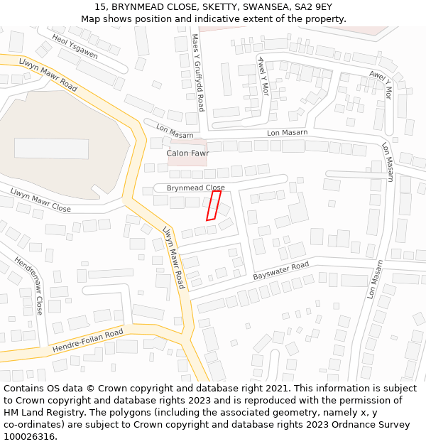 15, BRYNMEAD CLOSE, SKETTY, SWANSEA, SA2 9EY: Location map and indicative extent of plot