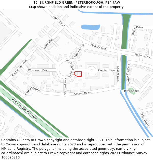 15, BURGHFIELD GREEN, PETERBOROUGH, PE4 7AW: Location map and indicative extent of plot