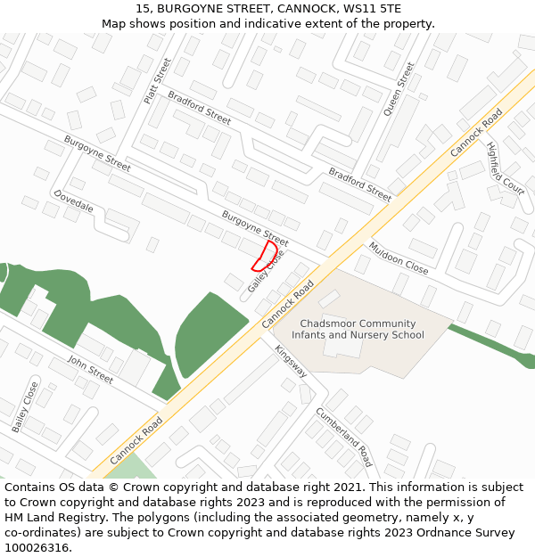 15, BURGOYNE STREET, CANNOCK, WS11 5TE: Location map and indicative extent of plot