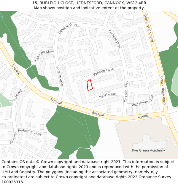 15, BURLEIGH CLOSE, HEDNESFORD, CANNOCK, WS12 4RR: Location map and indicative extent of plot