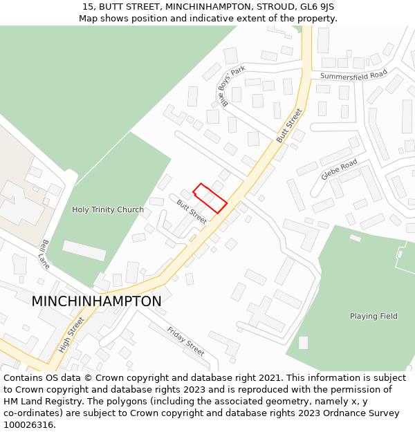 15, BUTT STREET, MINCHINHAMPTON, STROUD, GL6 9JS: Location map and indicative extent of plot