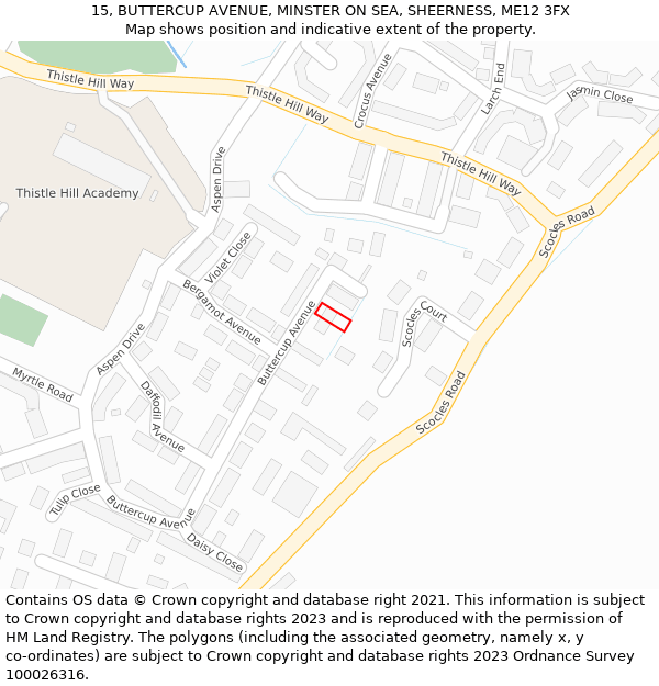 15, BUTTERCUP AVENUE, MINSTER ON SEA, SHEERNESS, ME12 3FX: Location map and indicative extent of plot