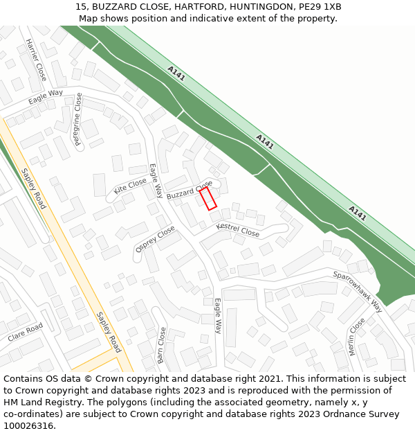 15, BUZZARD CLOSE, HARTFORD, HUNTINGDON, PE29 1XB: Location map and indicative extent of plot