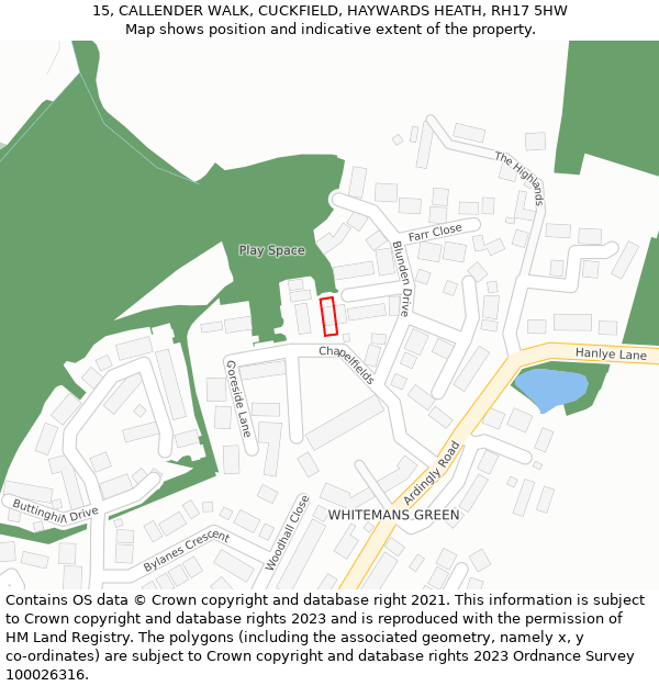 15, CALLENDER WALK, CUCKFIELD, HAYWARDS HEATH, RH17 5HW: Location map and indicative extent of plot