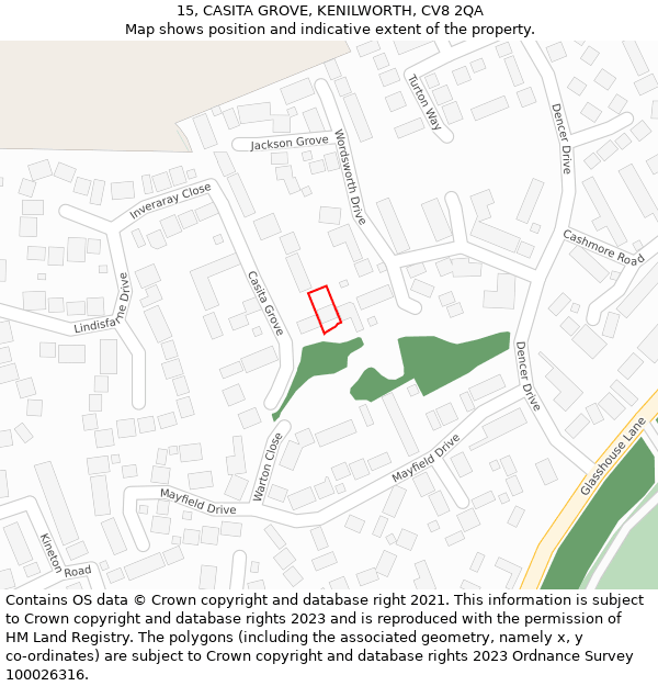 15, CASITA GROVE, KENILWORTH, CV8 2QA: Location map and indicative extent of plot