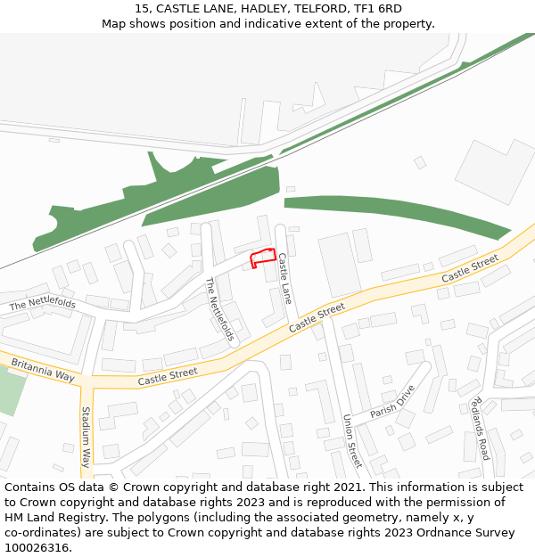 15, CASTLE LANE, HADLEY, TELFORD, TF1 6RD: Location map and indicative extent of plot