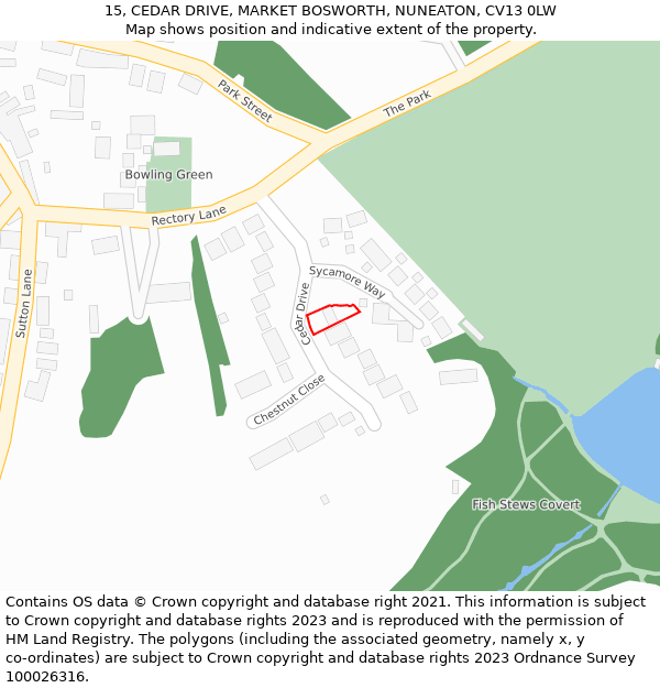 15, CEDAR DRIVE, MARKET BOSWORTH, NUNEATON, CV13 0LW: Location map and indicative extent of plot