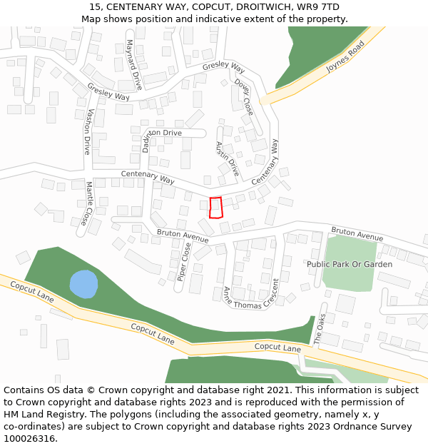 15, CENTENARY WAY, COPCUT, DROITWICH, WR9 7TD: Location map and indicative extent of plot