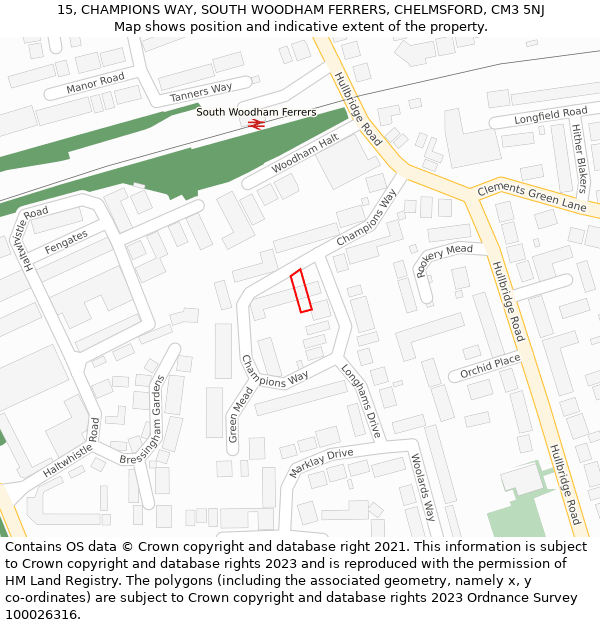 15, CHAMPIONS WAY, SOUTH WOODHAM FERRERS, CHELMSFORD, CM3 5NJ: Location map and indicative extent of plot