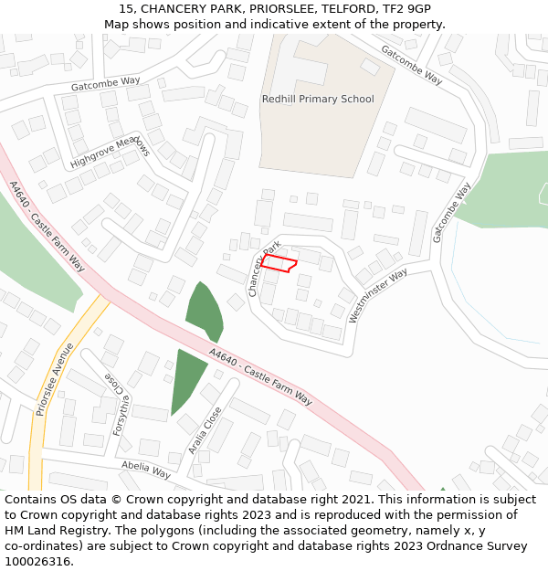 15, CHANCERY PARK, PRIORSLEE, TELFORD, TF2 9GP: Location map and indicative extent of plot