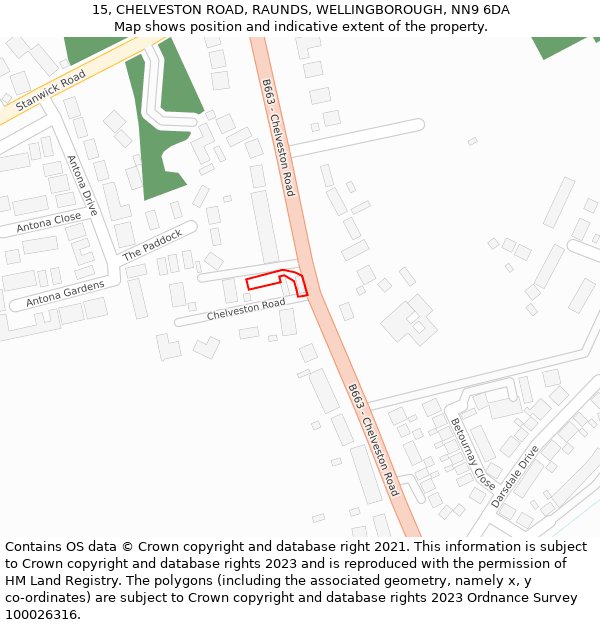15, CHELVESTON ROAD, RAUNDS, WELLINGBOROUGH, NN9 6DA: Location map and indicative extent of plot