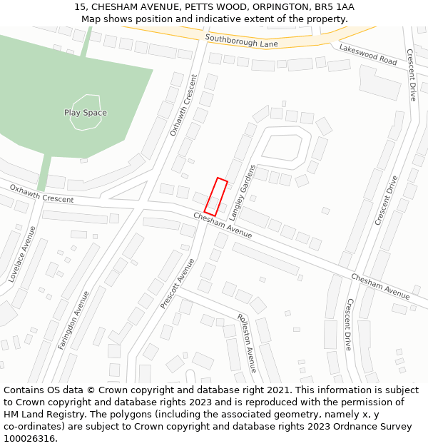 15, CHESHAM AVENUE, PETTS WOOD, ORPINGTON, BR5 1AA: Location map and indicative extent of plot