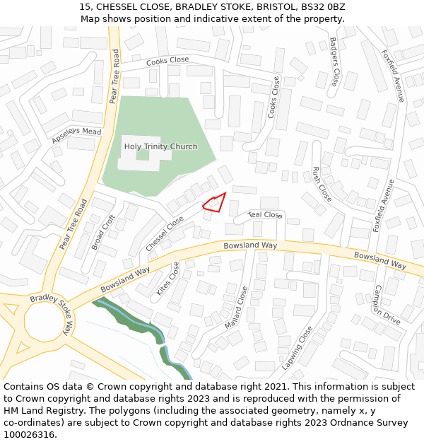 15, CHESSEL CLOSE, BRADLEY STOKE, BRISTOL, BS32 0BZ: Location map and indicative extent of plot