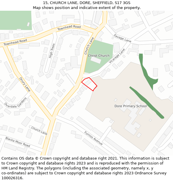 15, CHURCH LANE, DORE, SHEFFIELD, S17 3GS: Location map and indicative extent of plot