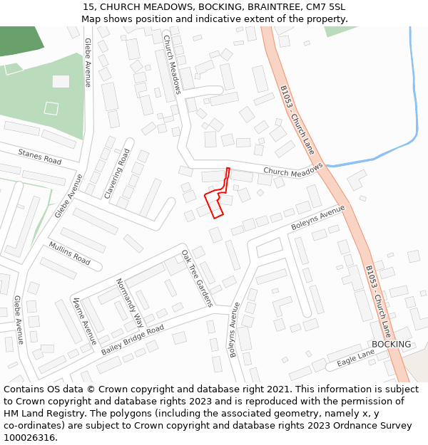 15, CHURCH MEADOWS, BOCKING, BRAINTREE, CM7 5SL: Location map and indicative extent of plot