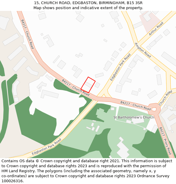 15, CHURCH ROAD, EDGBASTON, BIRMINGHAM, B15 3SR: Location map and indicative extent of plot