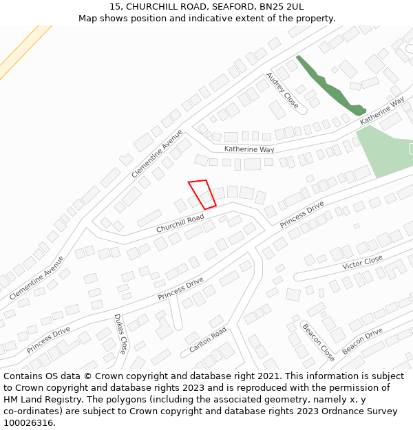 15, CHURCHILL ROAD, SEAFORD, BN25 2UL: Location map and indicative extent of plot