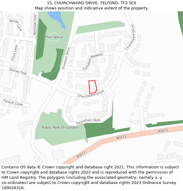 15, CHURCHWARD DRIVE, TELFORD, TF3 5EX: Location map and indicative extent of plot