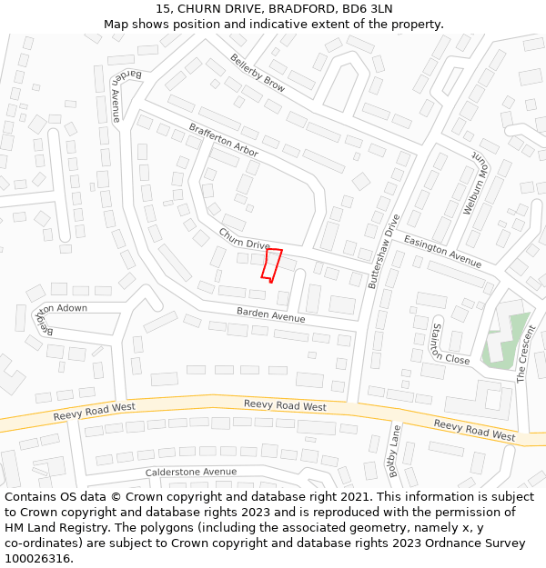 15, CHURN DRIVE, BRADFORD, BD6 3LN: Location map and indicative extent of plot