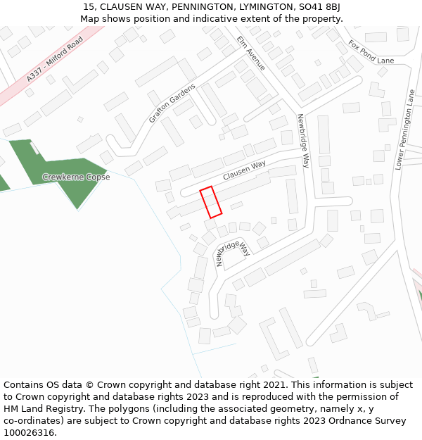 15, CLAUSEN WAY, PENNINGTON, LYMINGTON, SO41 8BJ: Location map and indicative extent of plot