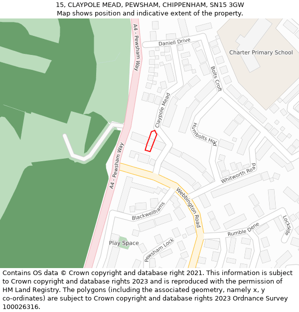 15, CLAYPOLE MEAD, PEWSHAM, CHIPPENHAM, SN15 3GW: Location map and indicative extent of plot