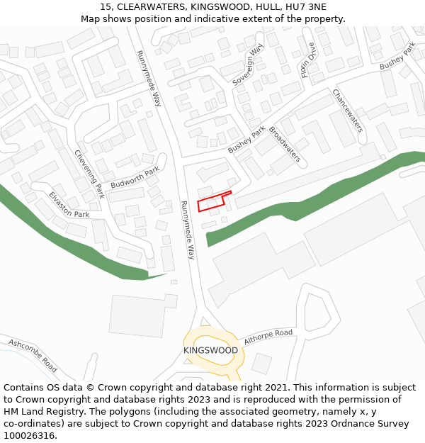 15, CLEARWATERS, KINGSWOOD, HULL, HU7 3NE: Location map and indicative extent of plot