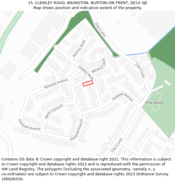 15, CLEWLEY ROAD, BRANSTON, BURTON-ON-TRENT, DE14 3JE: Location map and indicative extent of plot