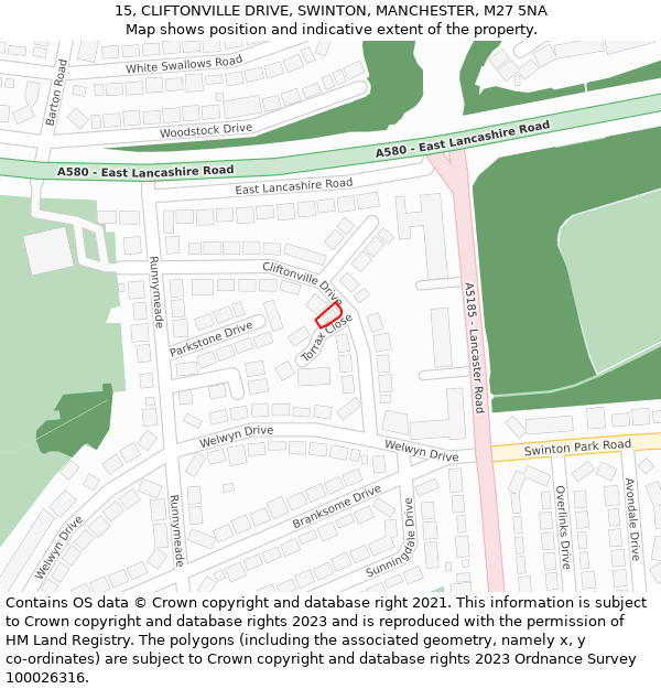 15, CLIFTONVILLE DRIVE, SWINTON, MANCHESTER, M27 5NA: Location map and indicative extent of plot