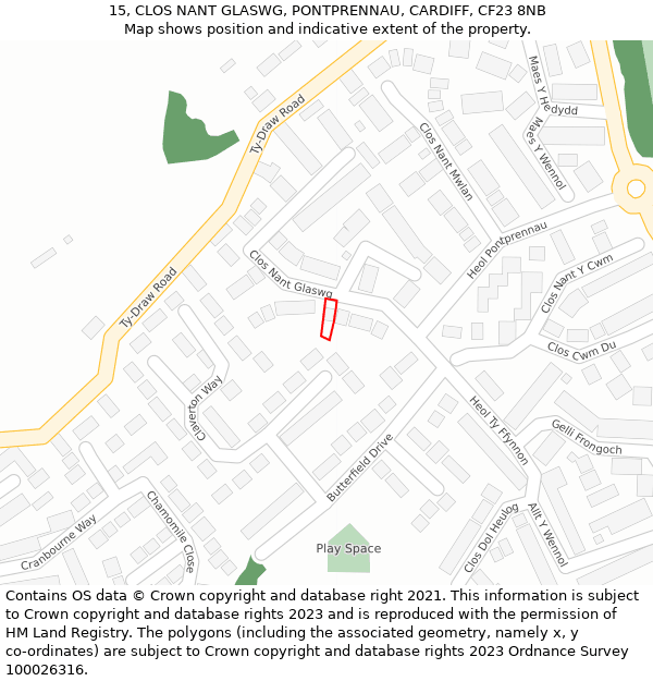 15, CLOS NANT GLASWG, PONTPRENNAU, CARDIFF, CF23 8NB: Location map and indicative extent of plot