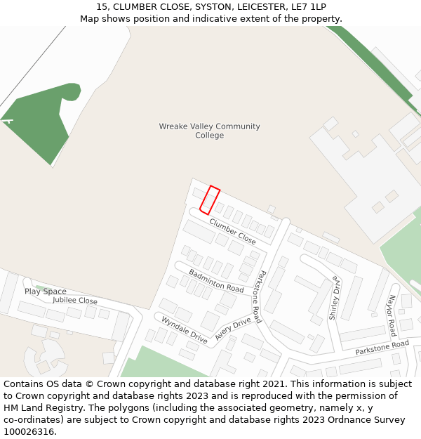 15, CLUMBER CLOSE, SYSTON, LEICESTER, LE7 1LP: Location map and indicative extent of plot