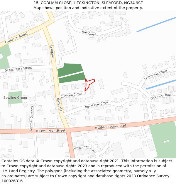 15, COBHAM CLOSE, HECKINGTON, SLEAFORD, NG34 9SE: Location map and indicative extent of plot